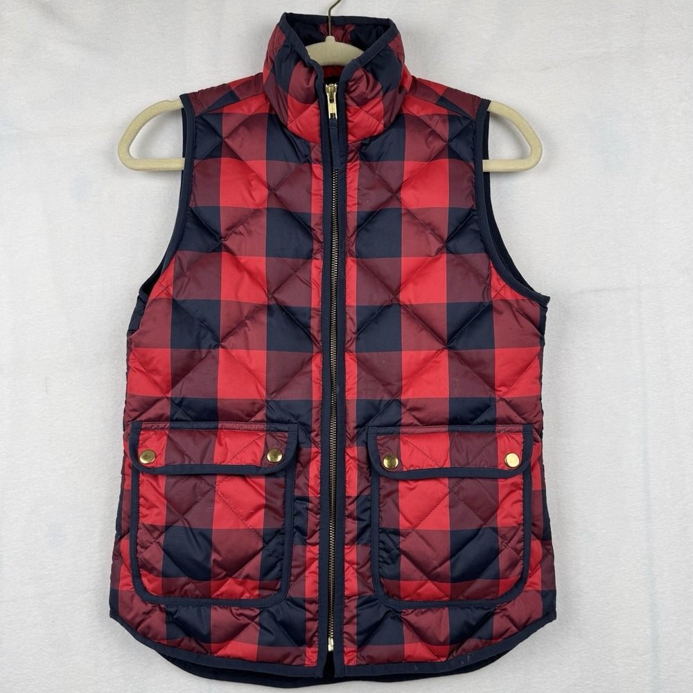 J Crew‎ Quilted Down Puffer Vest Womens Size XXS Red Buffalo Plaid